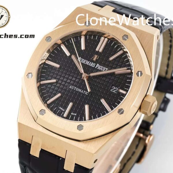 Audemars Piguet Super Clone Watches 1:1 Royal Oak Rose Gold 15400 Black Dial Rubber Strap - Image 2