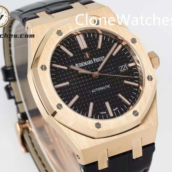 Audemars Piguet Super Clone Watches 1:1 Royal Oak Rose Gold 15400 Black Dial Rubber Strap - Image 4