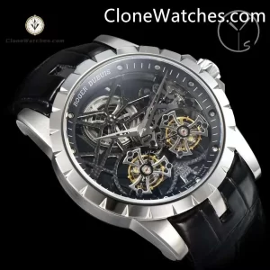 Super Clone Watches – Roger Dubuis Excalibur RDDBEX0396 Roger Dubuis Excalibur Skeleton Double Flying Tourbillon Super Clone Watches, equipped with two flying real tourbillons running stably, the most valuable Clone Watches in history, the ceiling of the tourbillon, fully copied the original data to open the mold case and lettering, both inside and outside, the movement structure and external restoration degree reached more than 95%. This is another historical moment in the cloning industry. The RD001 tourbillon manual winding plate is set up. Each movement must undergo dozens of simulated QE tests and hundreds of debugging until it is stable and qualified. It can be manually wound to the automatic card handle of the movement when it is stationary. If the crown is stuck, it cannot be forced on again, which will cause the spring to break. The diameter is 45mm and the thickness is 13mm. The two tourbillons rotate at a uniform speed, which is elegant and moving, satisfying your senses and impacting the eyes of others. It also overcomes the gravity barrier to the maximum extent and is extremely accurate. Front and back sapphire crystal glass, with real American crocodile leather, original RD folding buckle. Size 45mm Movement Clone Watches is equipped with a custom RD001 Manual winding Case 316L steel case Crystal Scratch-resistant sapphire crystal Dial Skeleton Double Flying Tourbillon Strap Leather strap Clasp stainless steel folding clasp Water resistance >10 Meters Please be informed that this rating is merely a guide. We do do not advise submerging or immersing any Super Clone Watches in water unless you have had your watch water-proofed by a professional. We do not guarantee the product’s water-resistance and as such we do not refund, offer store credit, exchange or do a free repair on any watch that has water damage.