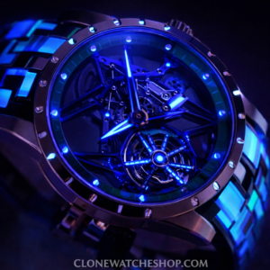 Roger Dubuis Super Clone Watches 1:1 Excalibur Skeleton Tourbillon RDDBEX0479 45MM Blue Strap
