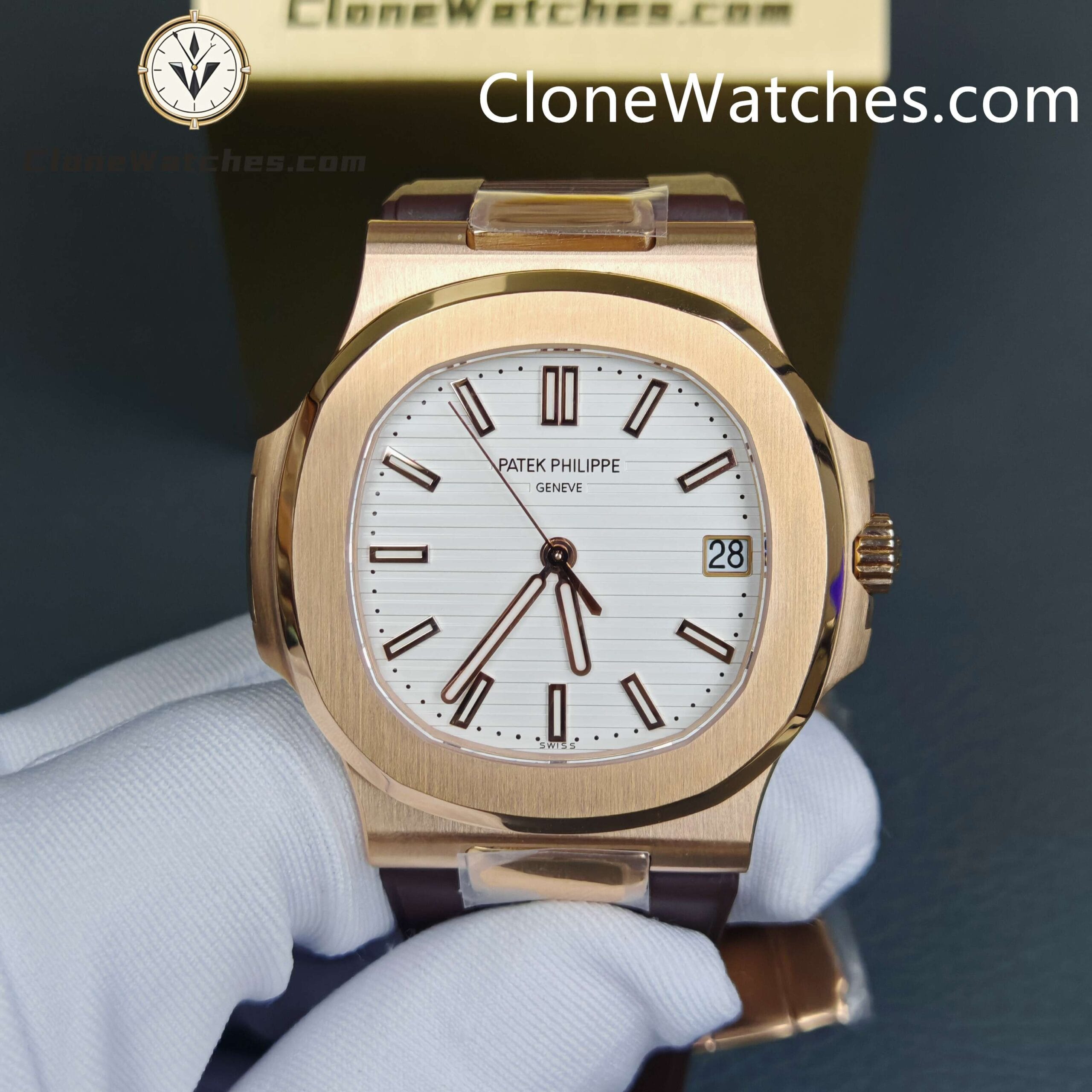 Patek Philippe Super Clone Watches 1:1 Nautilus 5711/1R White Dial Brown Rubber Strap - Image 7