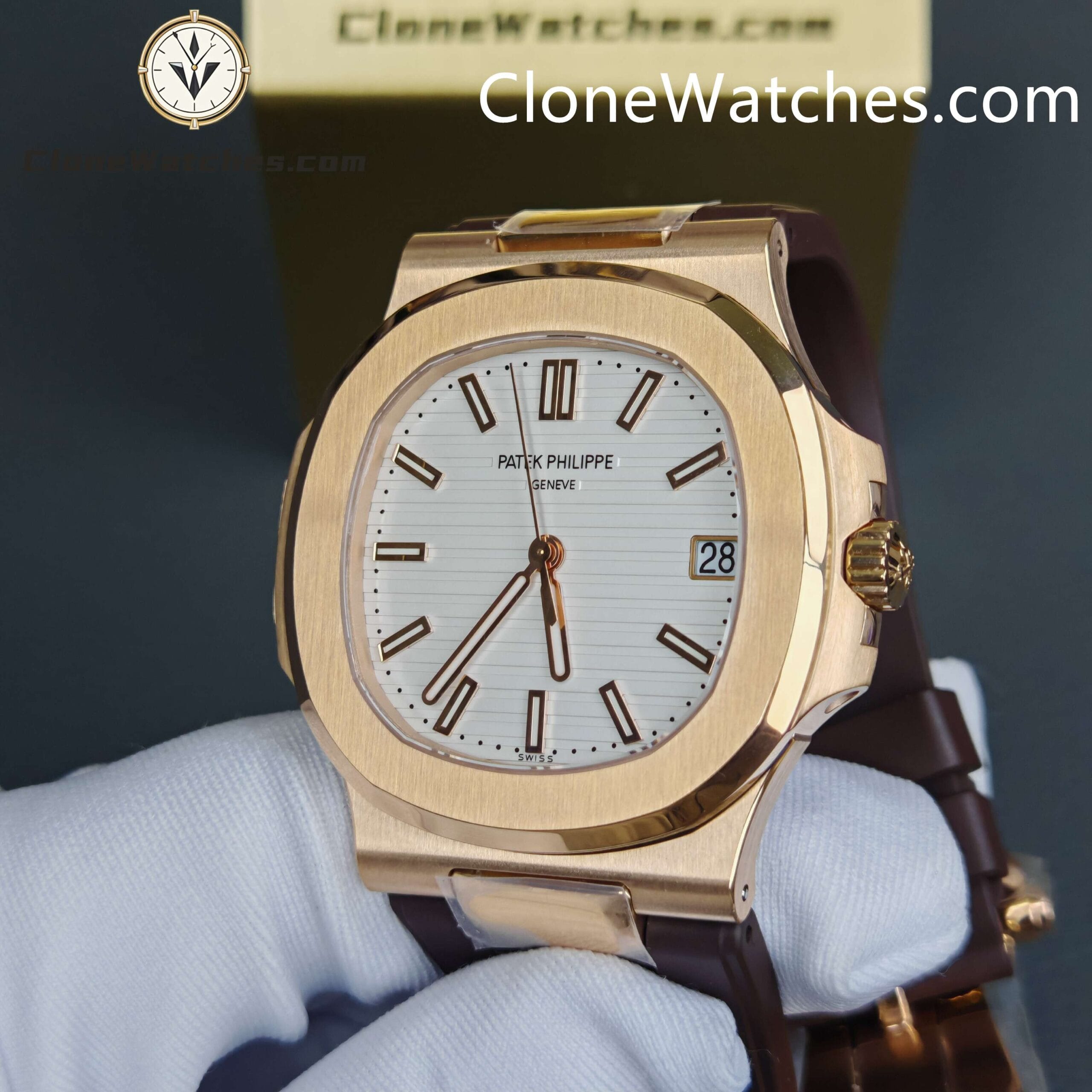 Patek Philippe Super Clone Watches 1:1 Nautilus 5711/1R White Dial Brown Rubber Strap - Image 8